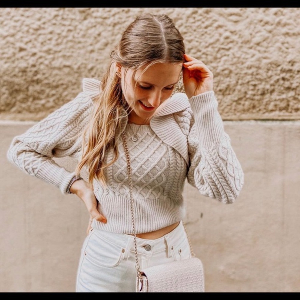 H&M Flounced Cable Knit Square Neck Sweater